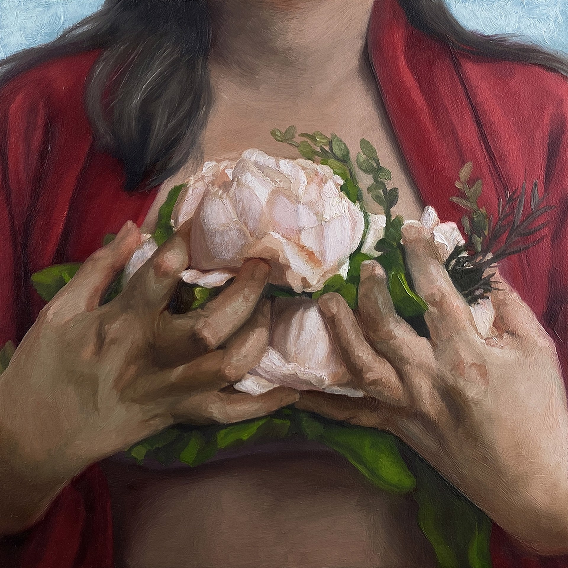A painting of a woman holding a flower in her hands.