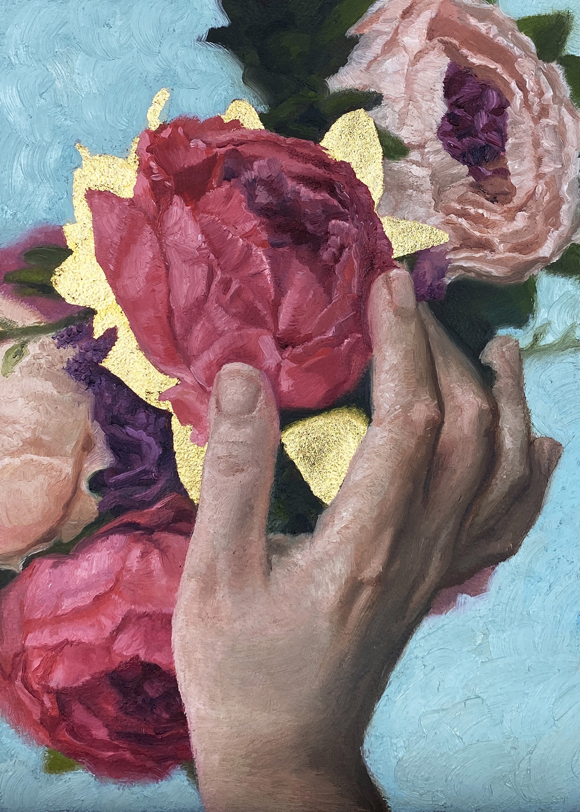 A painting of a person holding a bouquet of flowers.
