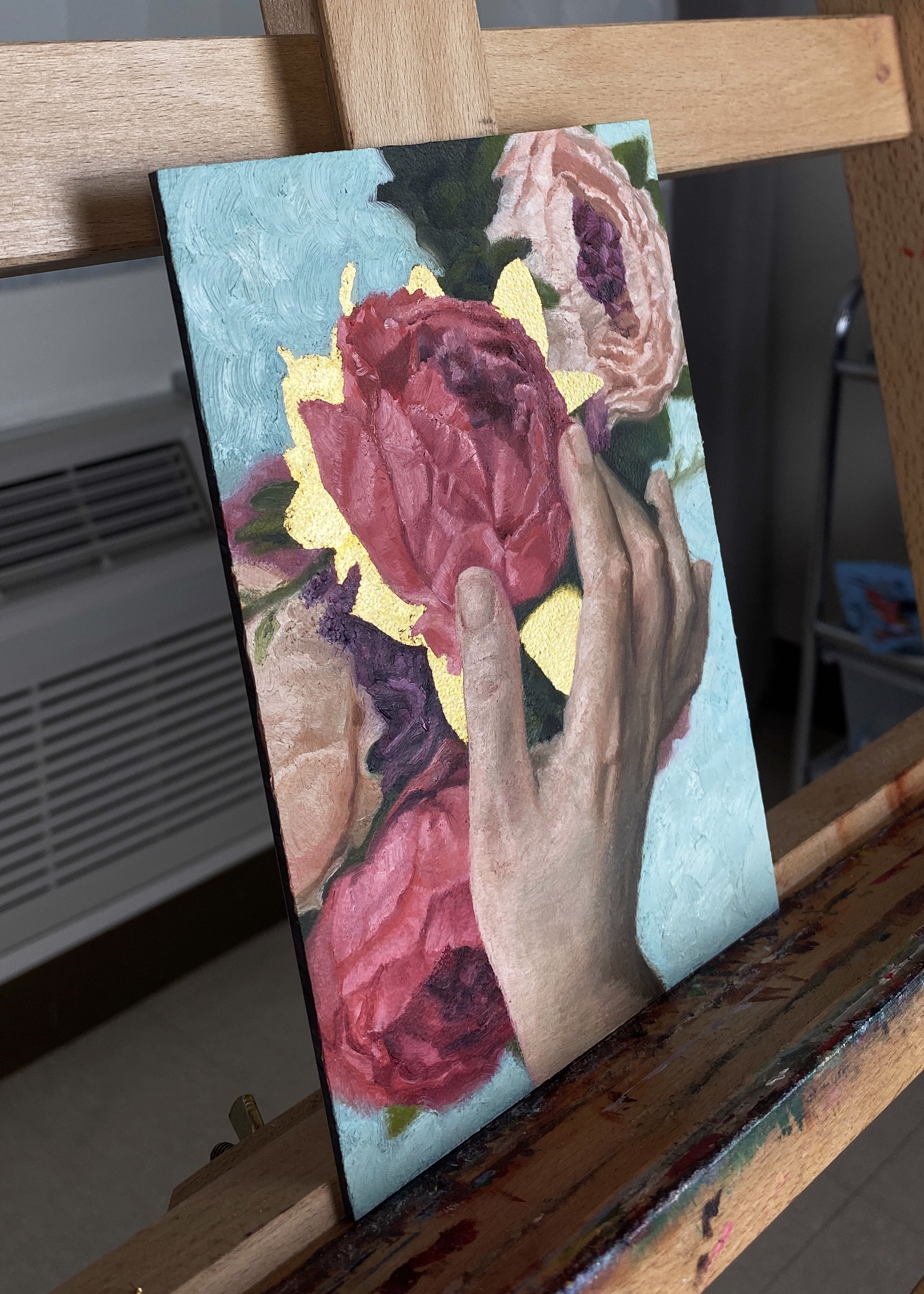 A painting of a person holding a bouquet of flowers.