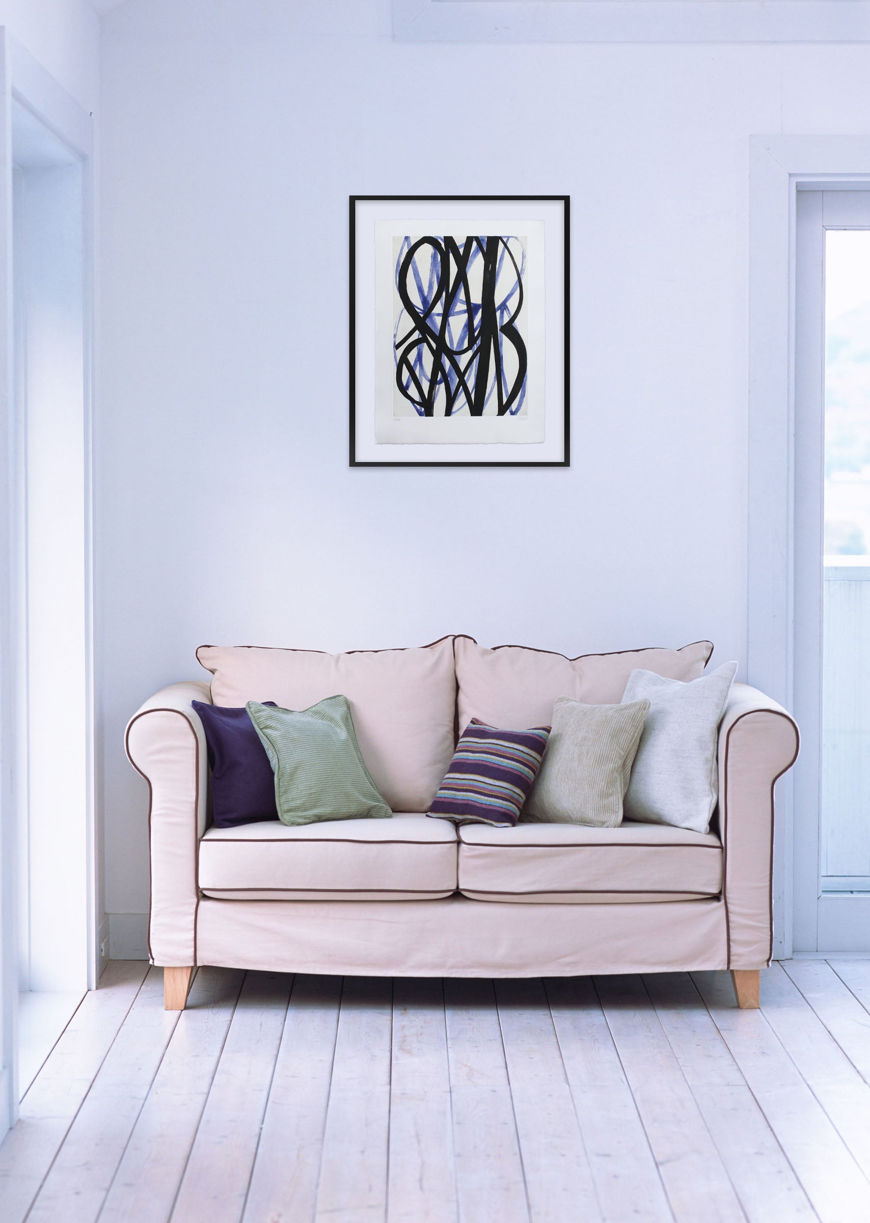 A blue and black abstract painting on a white background.