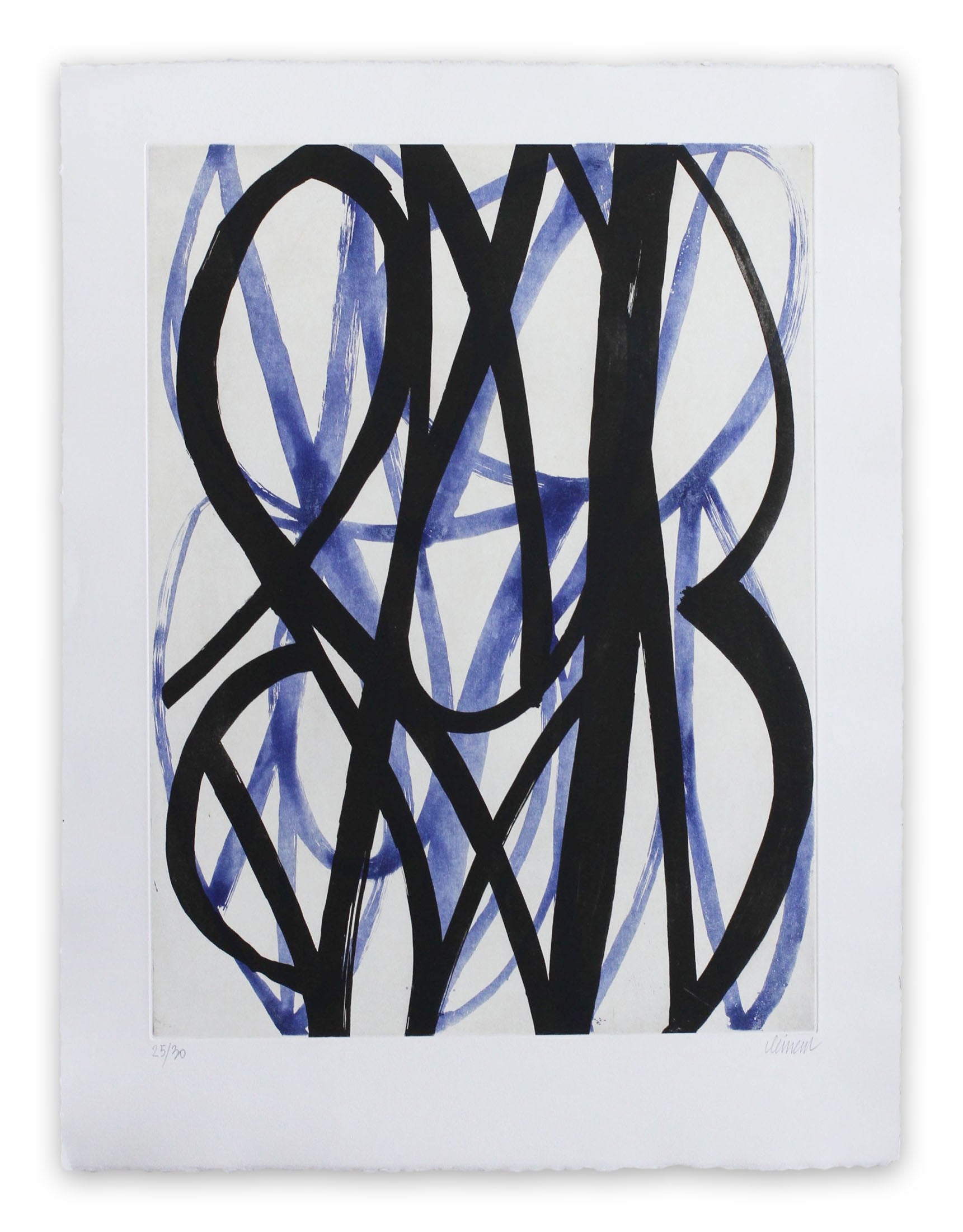 A blue and black abstract painting on a white background.