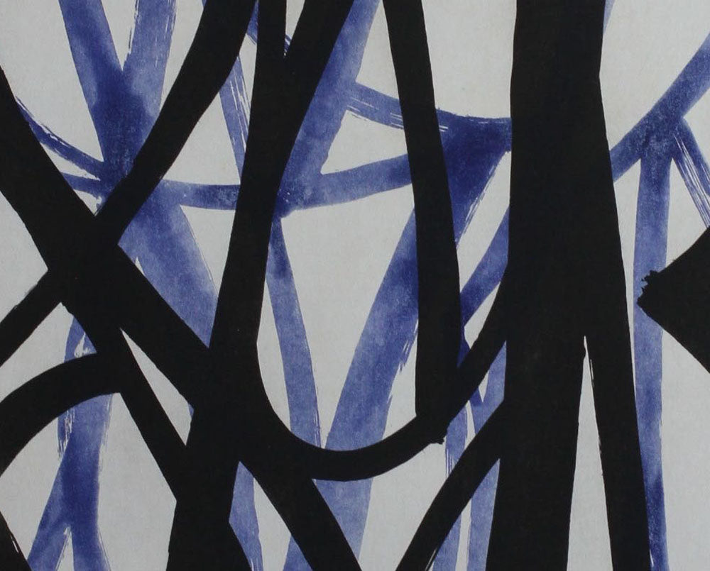 A blue and black abstract painting on a white background.