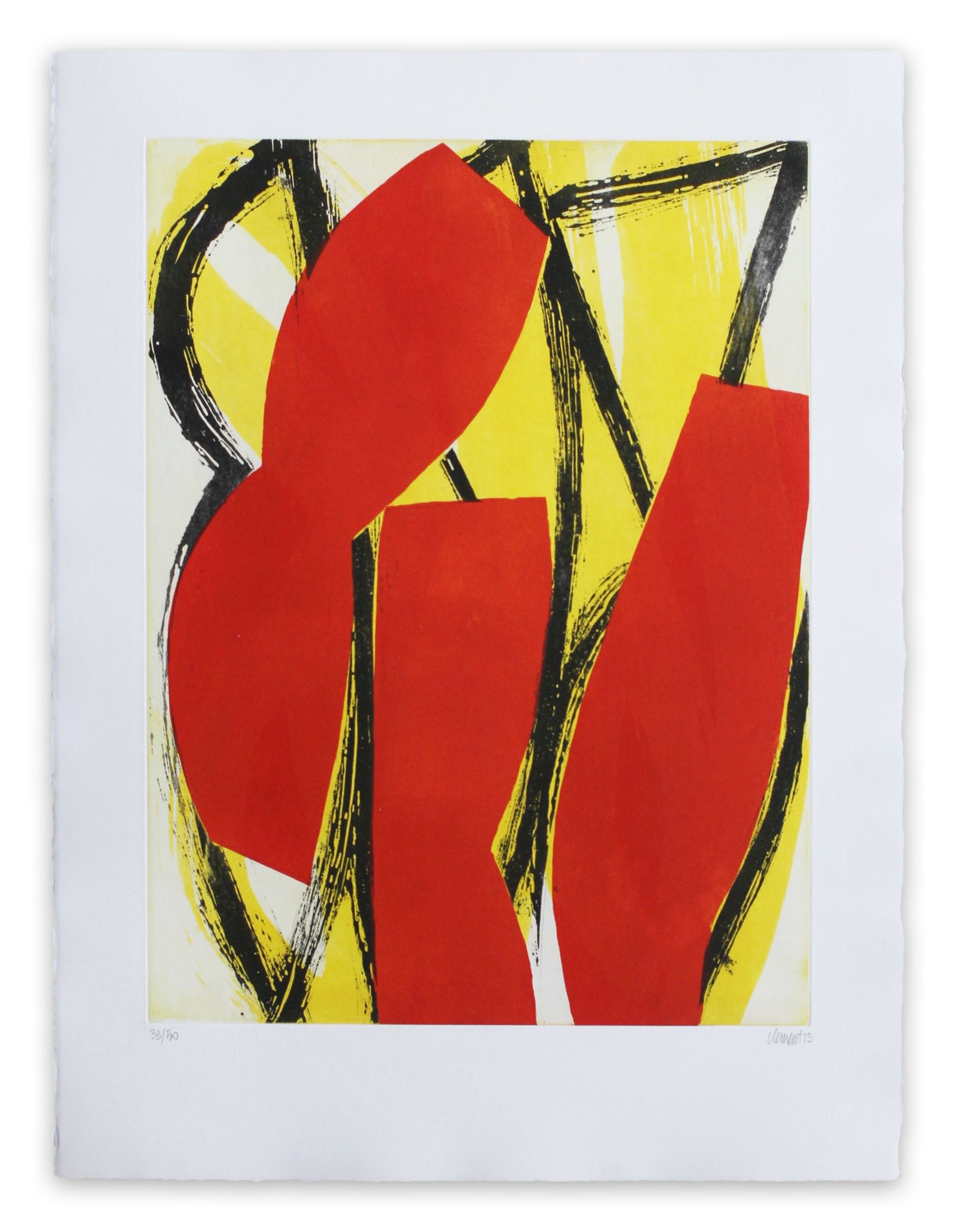 A red and yellow abstract painting on a white background.