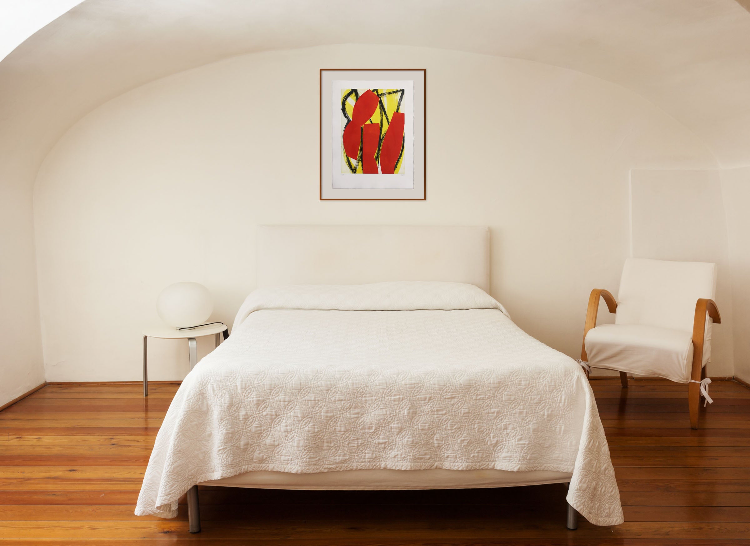 A red and yellow abstract painting on a white background.