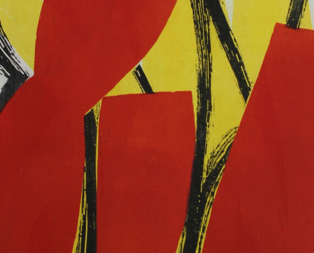 A red and yellow abstract painting on a white background.
