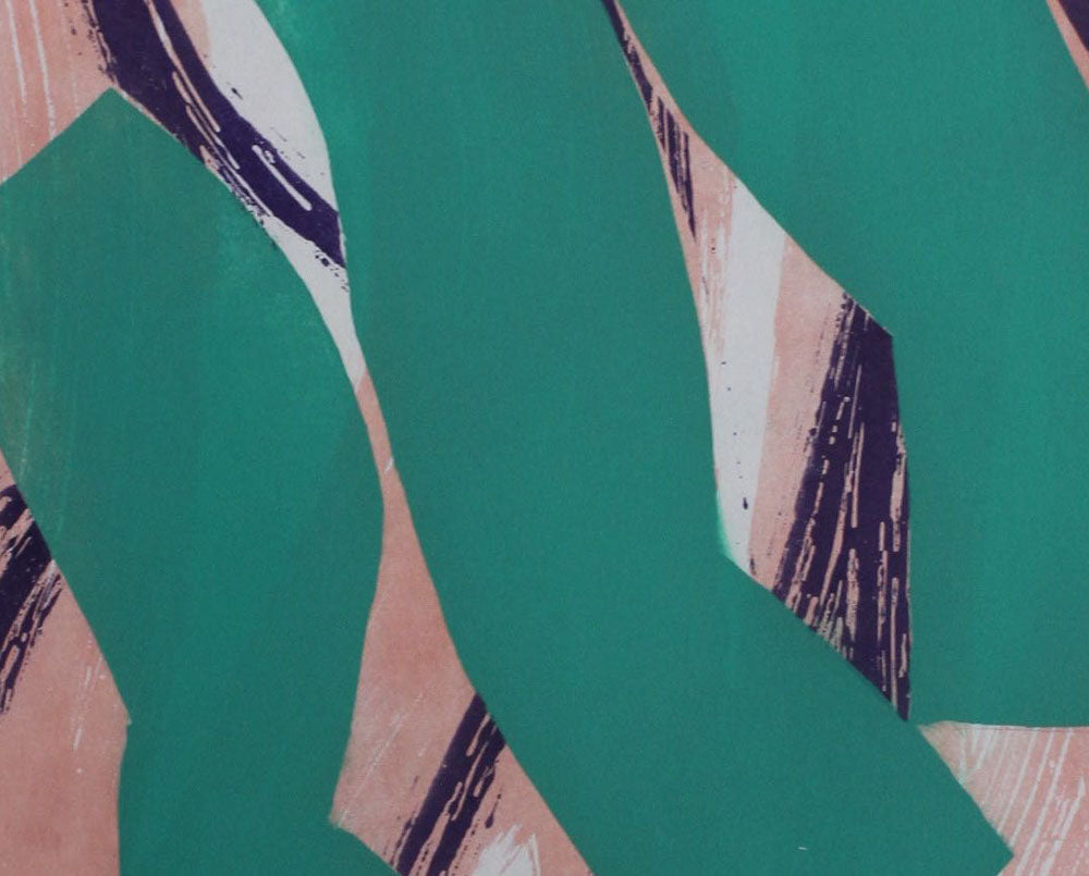 A painting of a green and pink abstract painting on a white background.