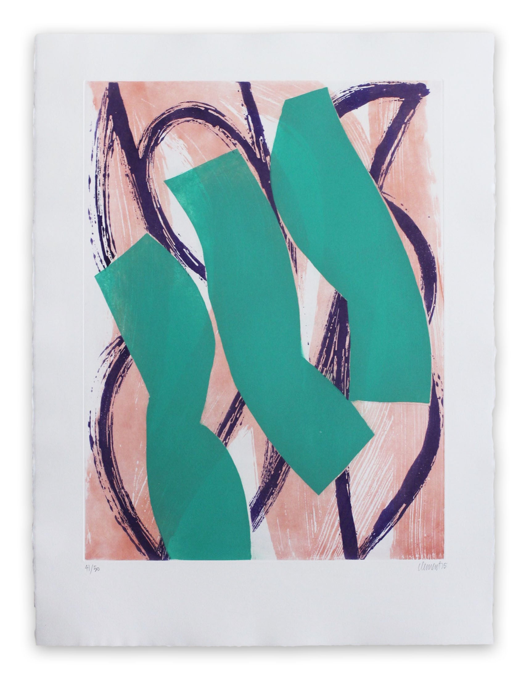A painting of a green and pink abstract painting on a white background.