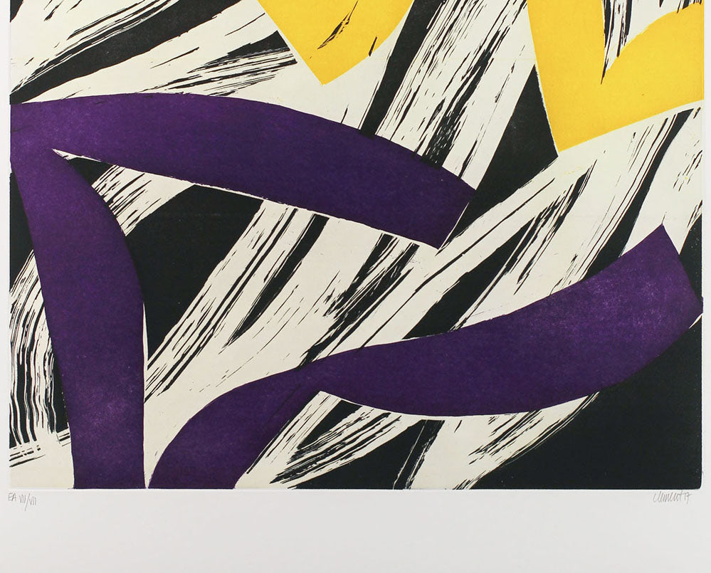 A black and yellow and purple abstract painting on a white background.