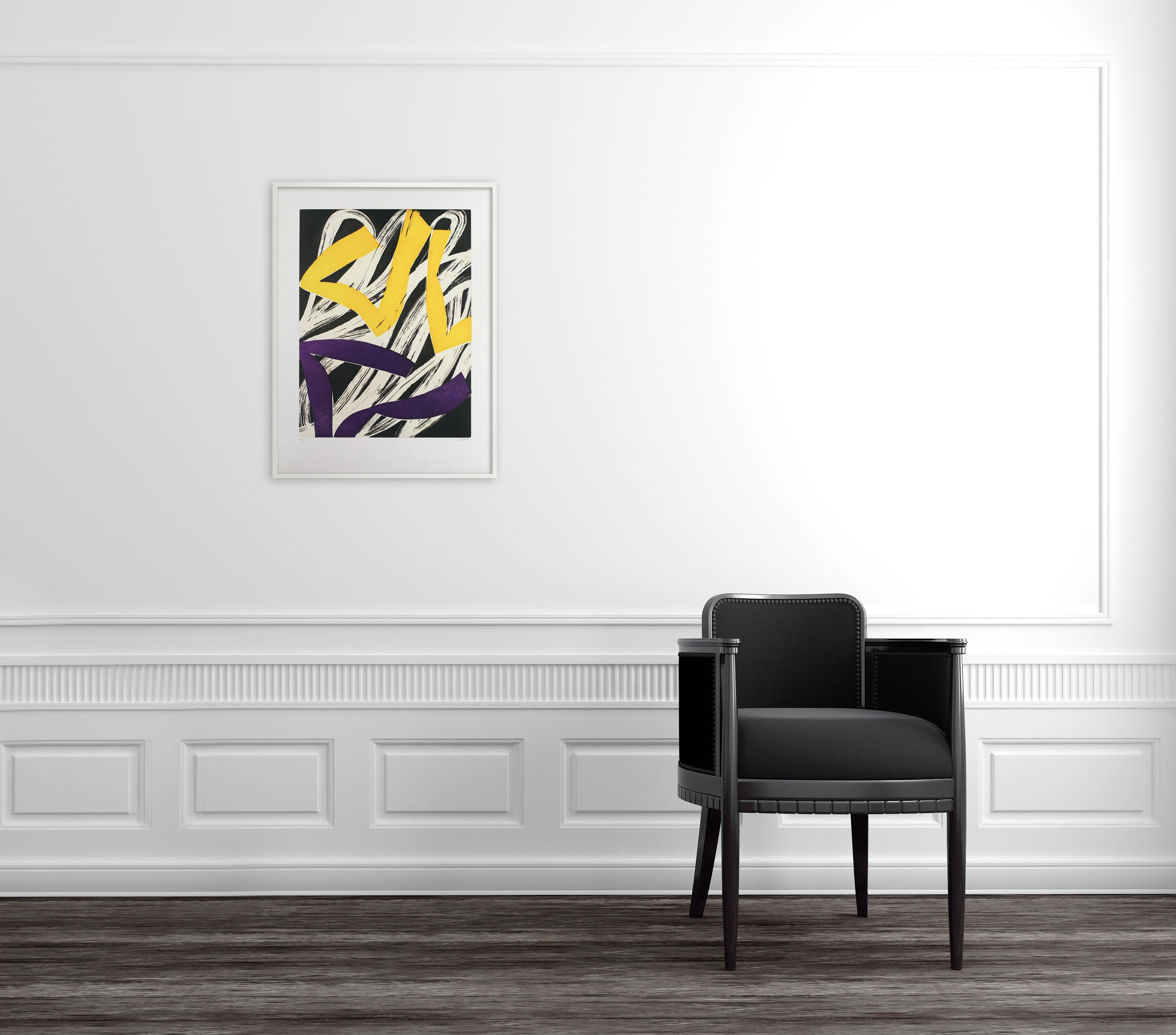 A black and yellow and purple abstract painting on a white background.