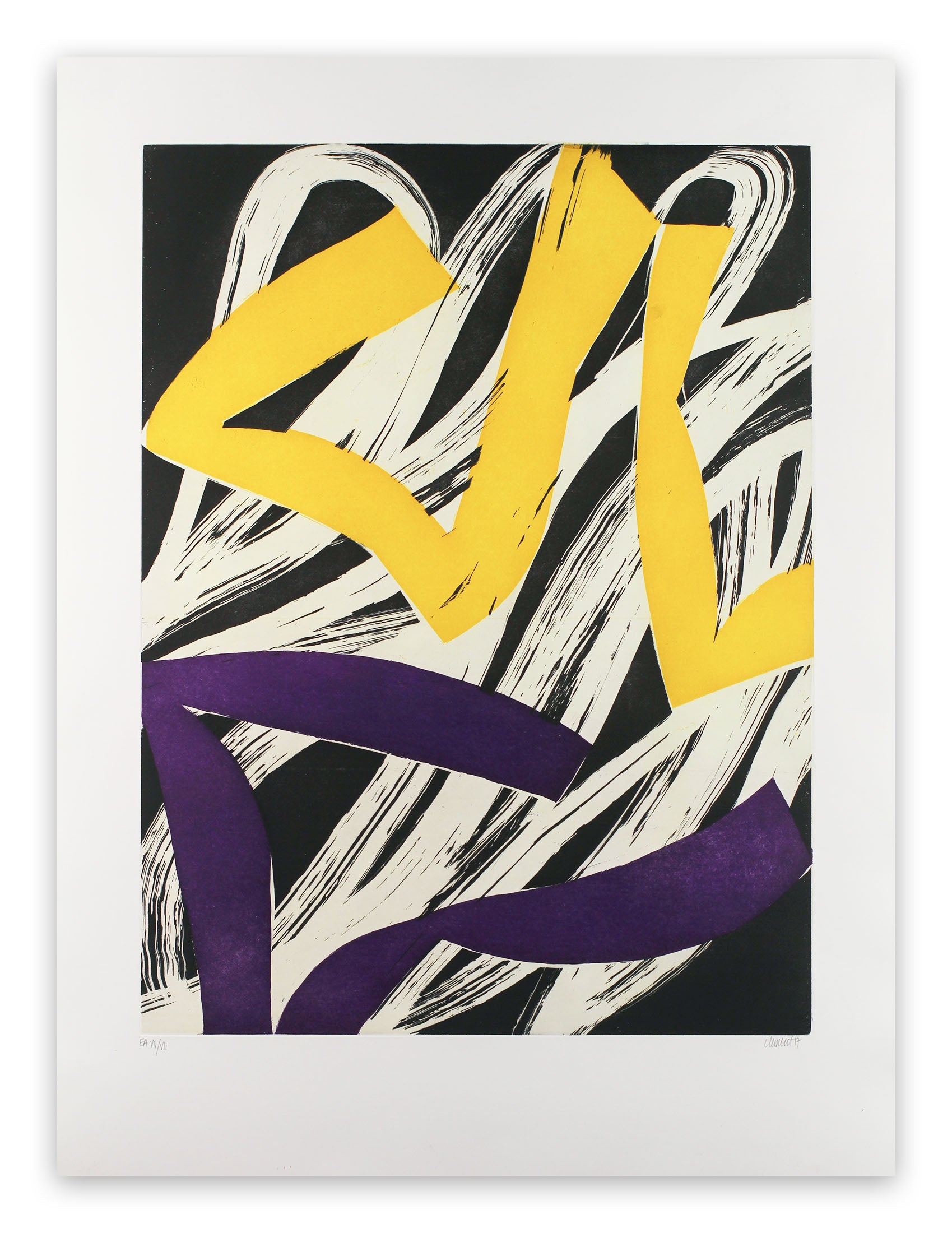 A black and yellow and purple abstract painting on a white background.