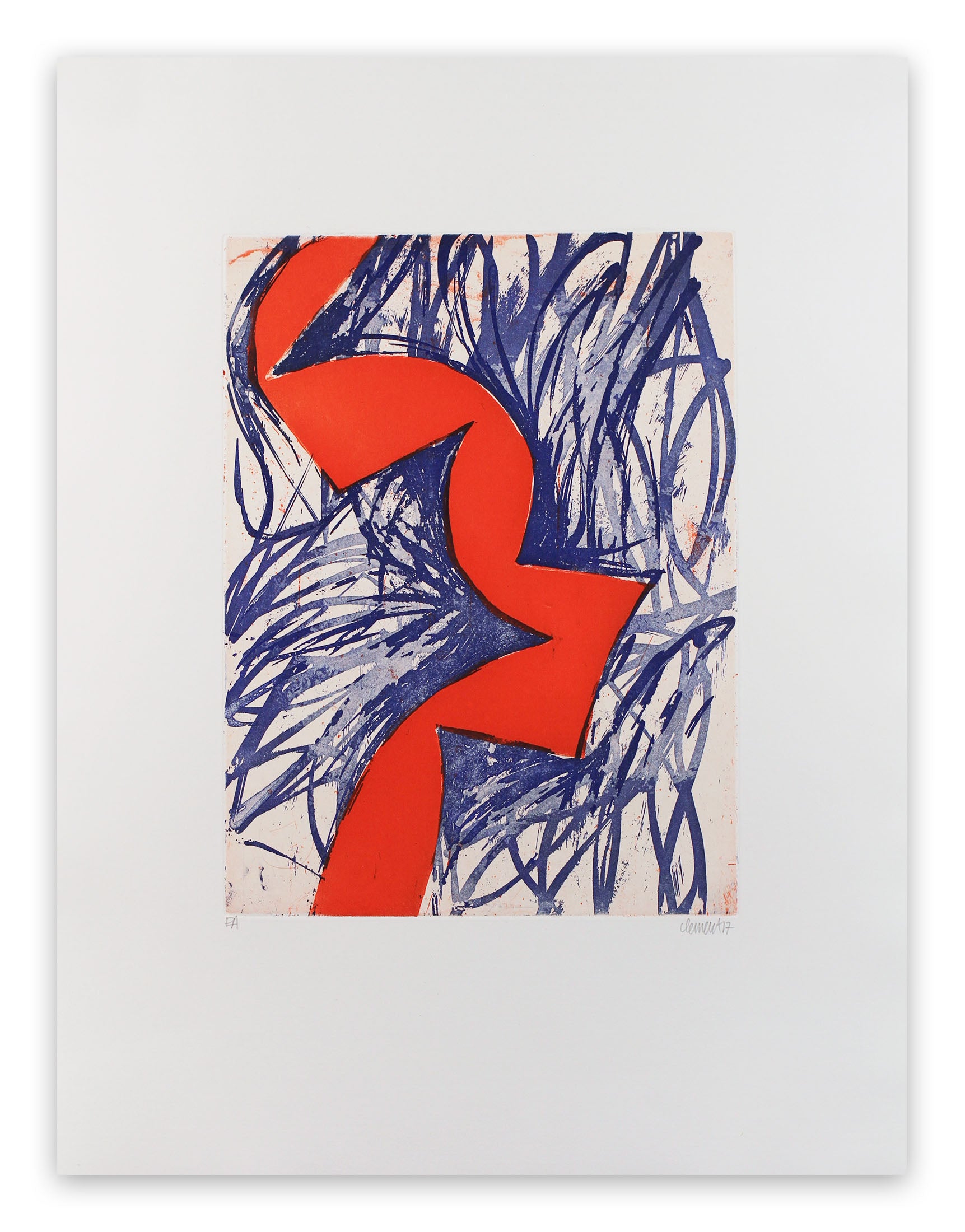 A red and blue abstract painting on a white background.