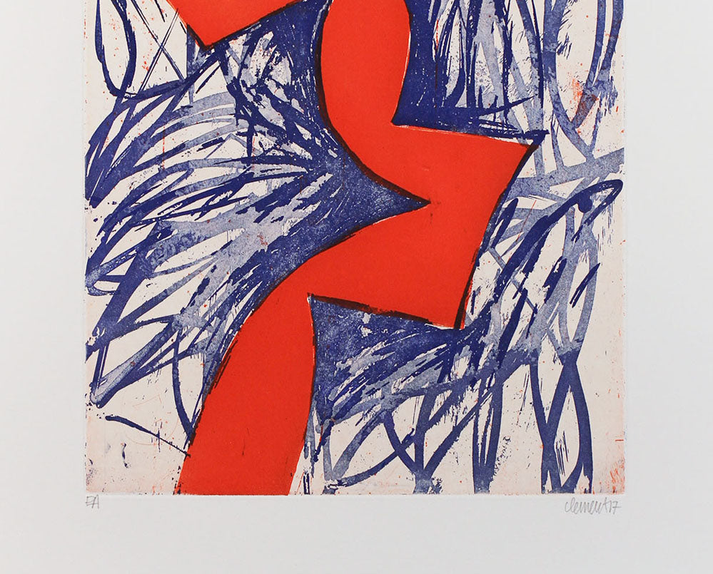 A red and blue abstract painting on a white background.