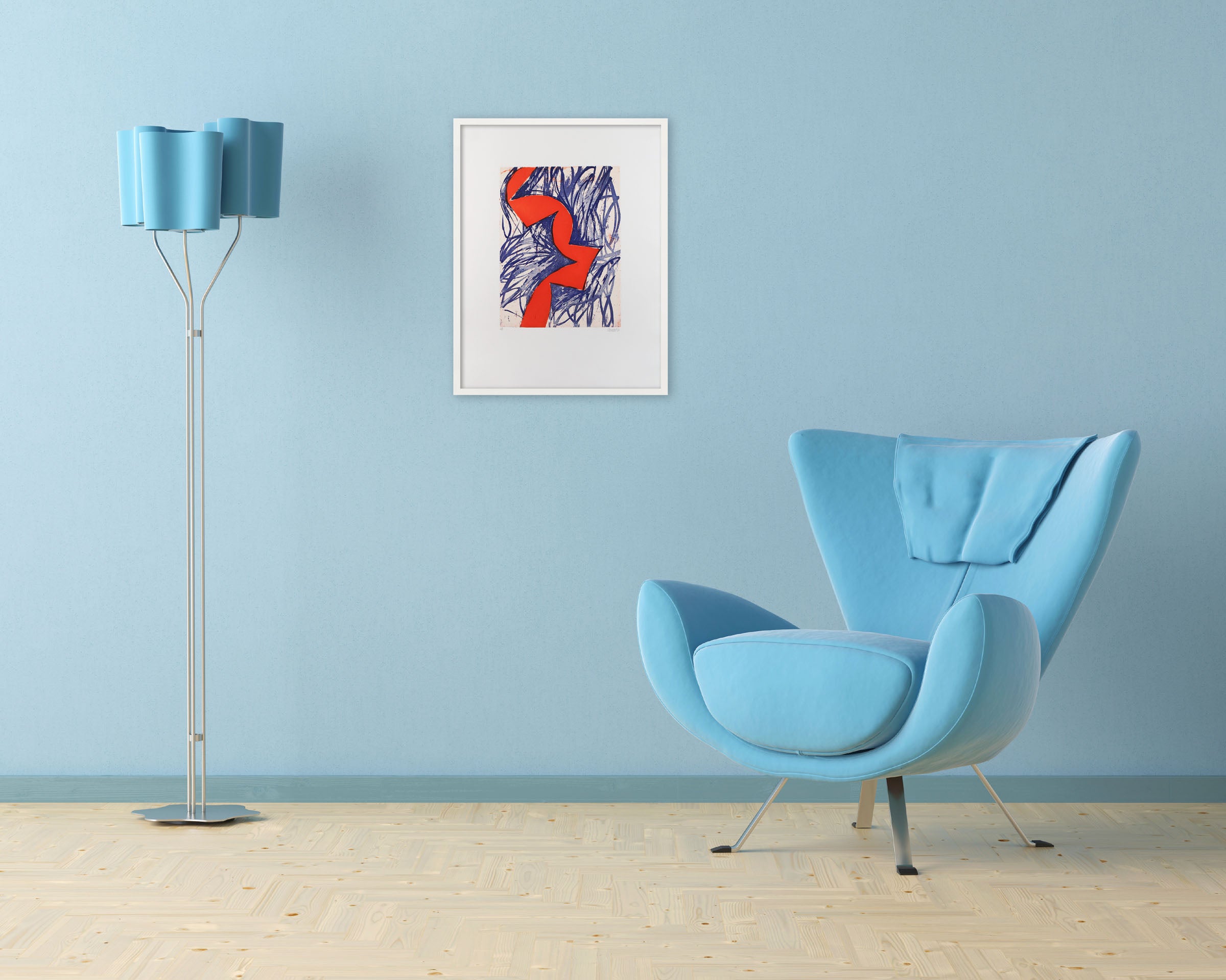 A red and blue abstract painting on a white background.