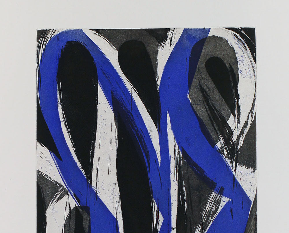 A blue and black abstract painting on a white wall.