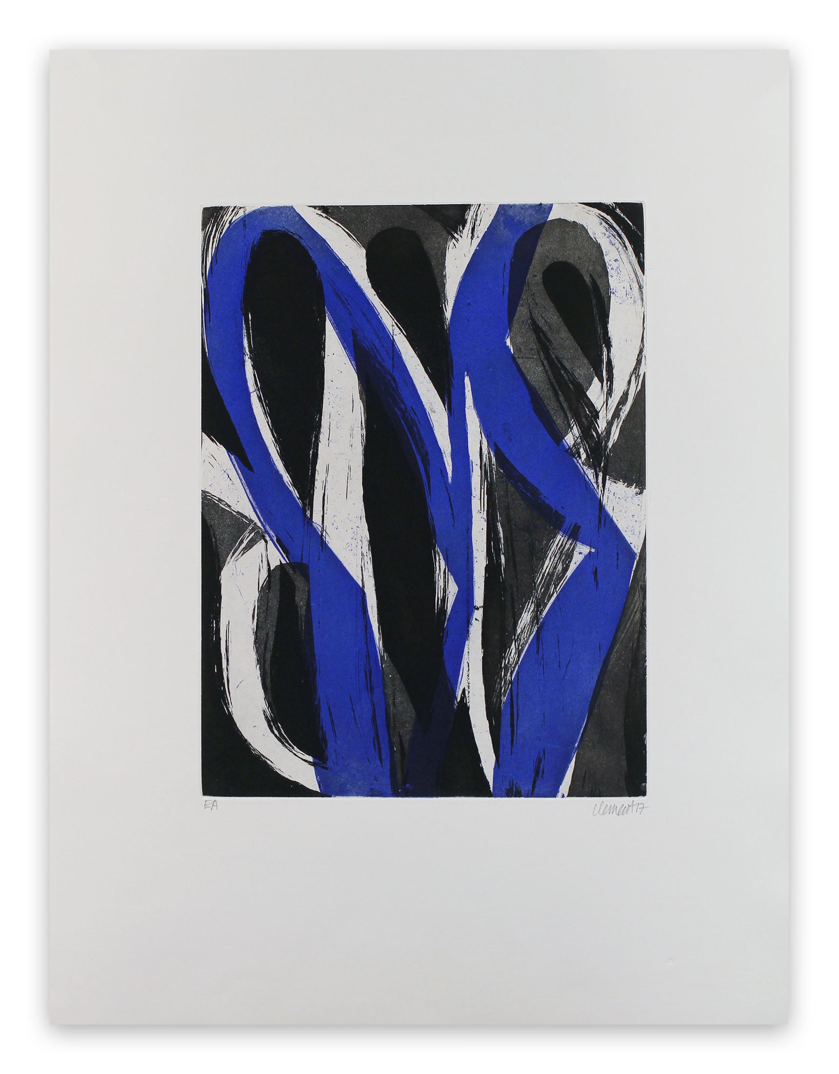 A blue and black abstract painting on a white wall.