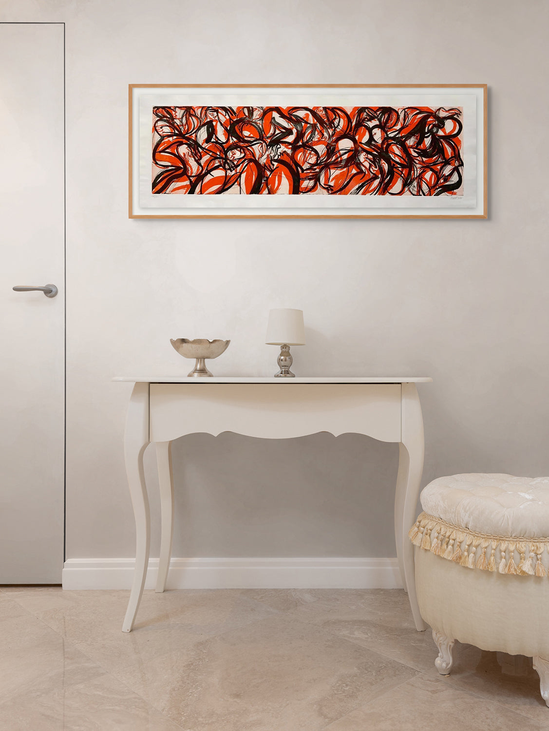 A painting of a group of people in red and black.