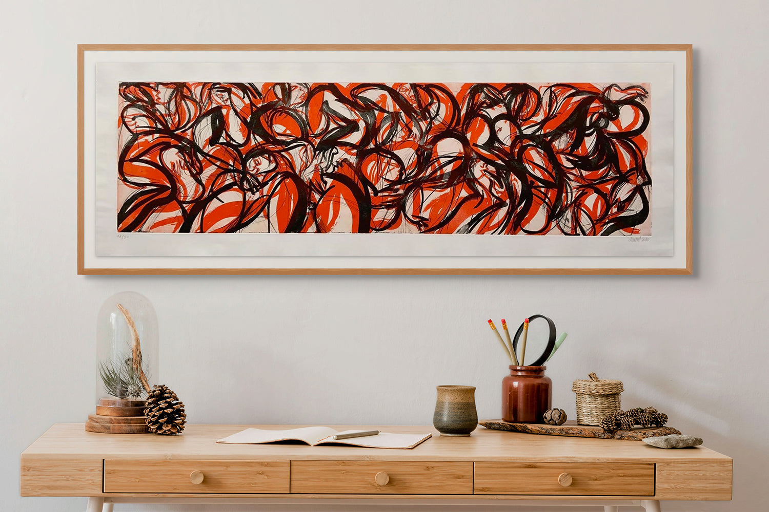 A painting of a group of people in red and black.