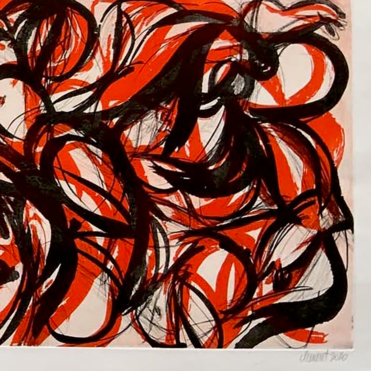 A painting of a group of people in red and black.