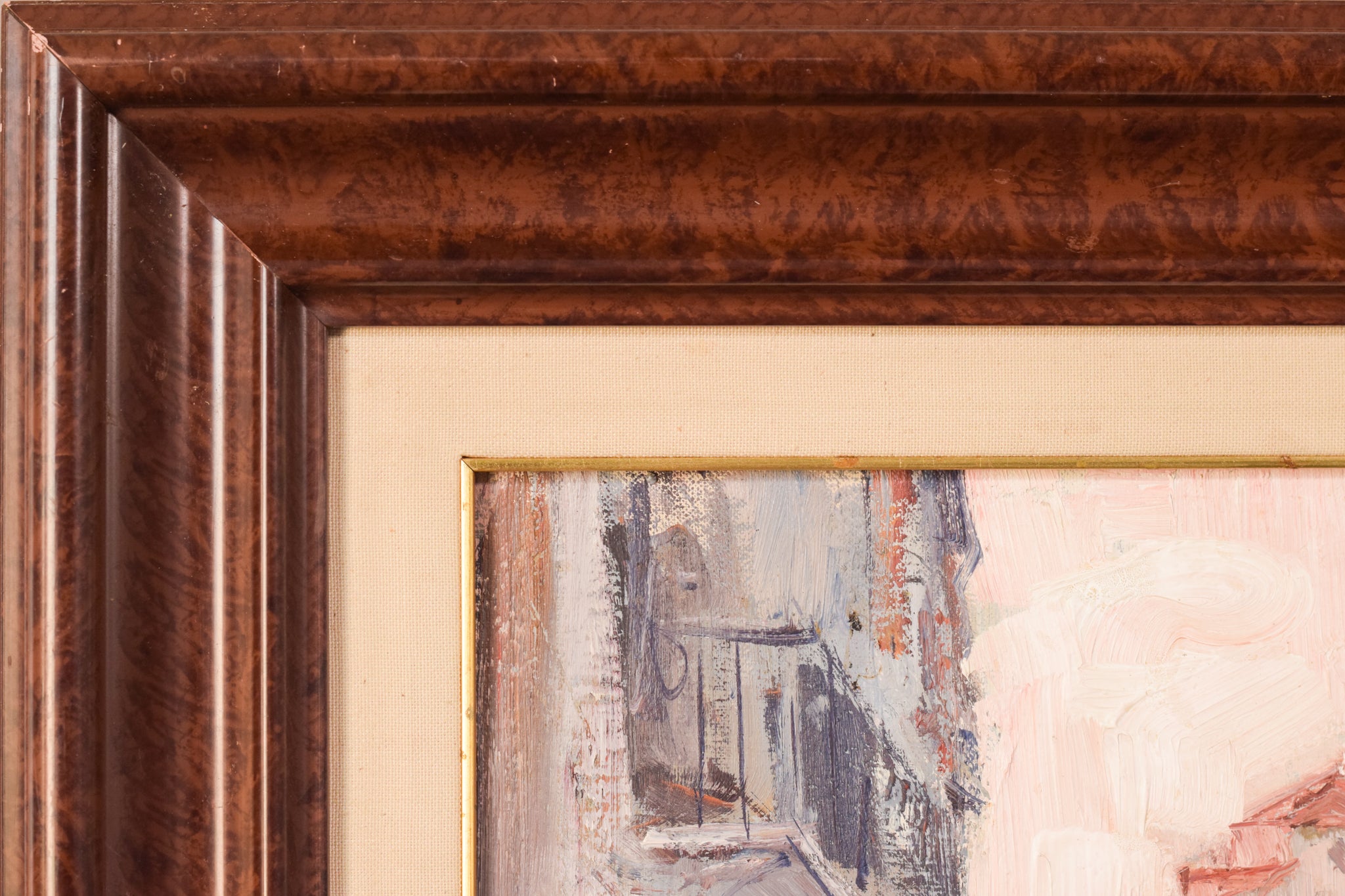A painting of a city street with buildings in the background.