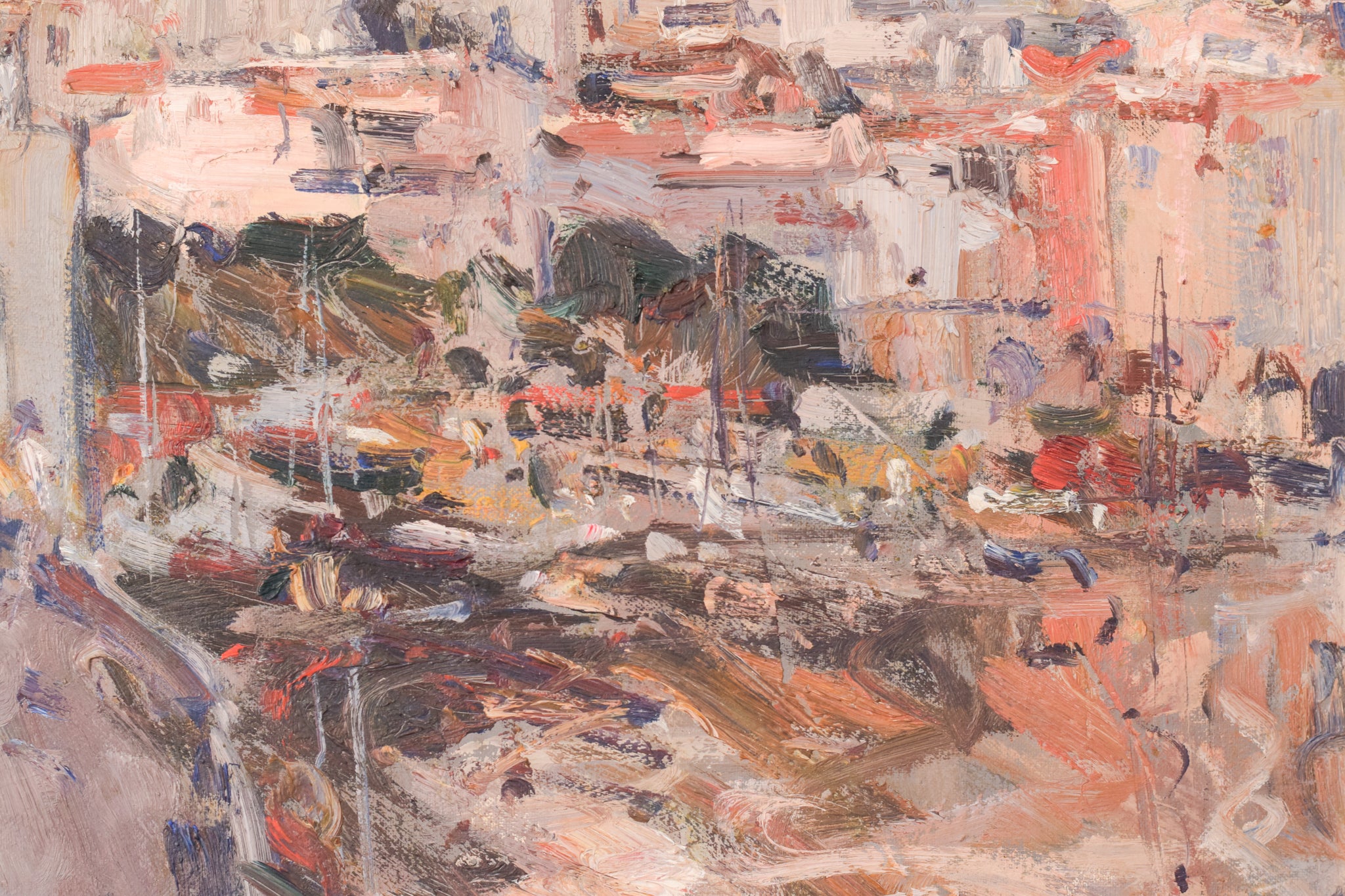 A painting of a city street with buildings in the background.