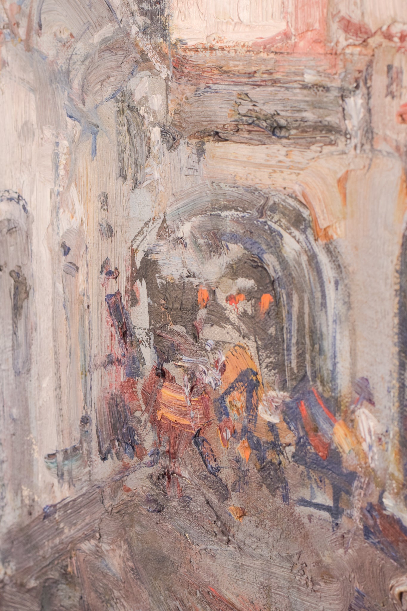A painting of a city street with buildings in the background.