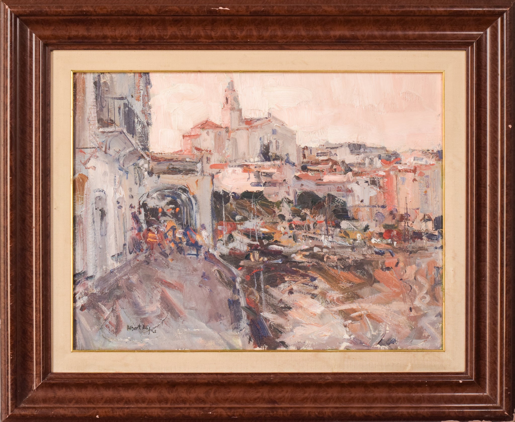 A painting of a city street with buildings in the background.