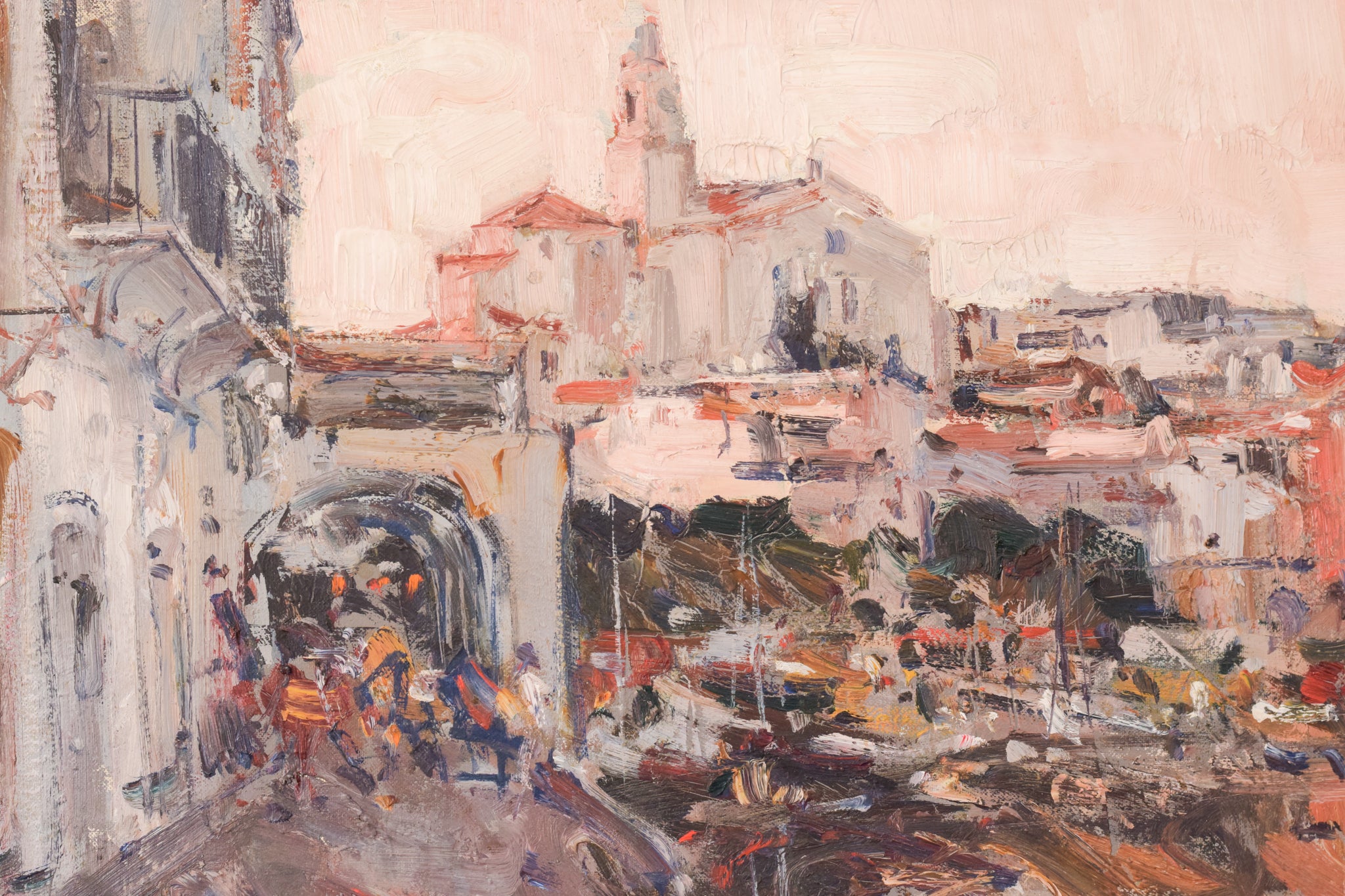 A painting of a city street with buildings in the background.