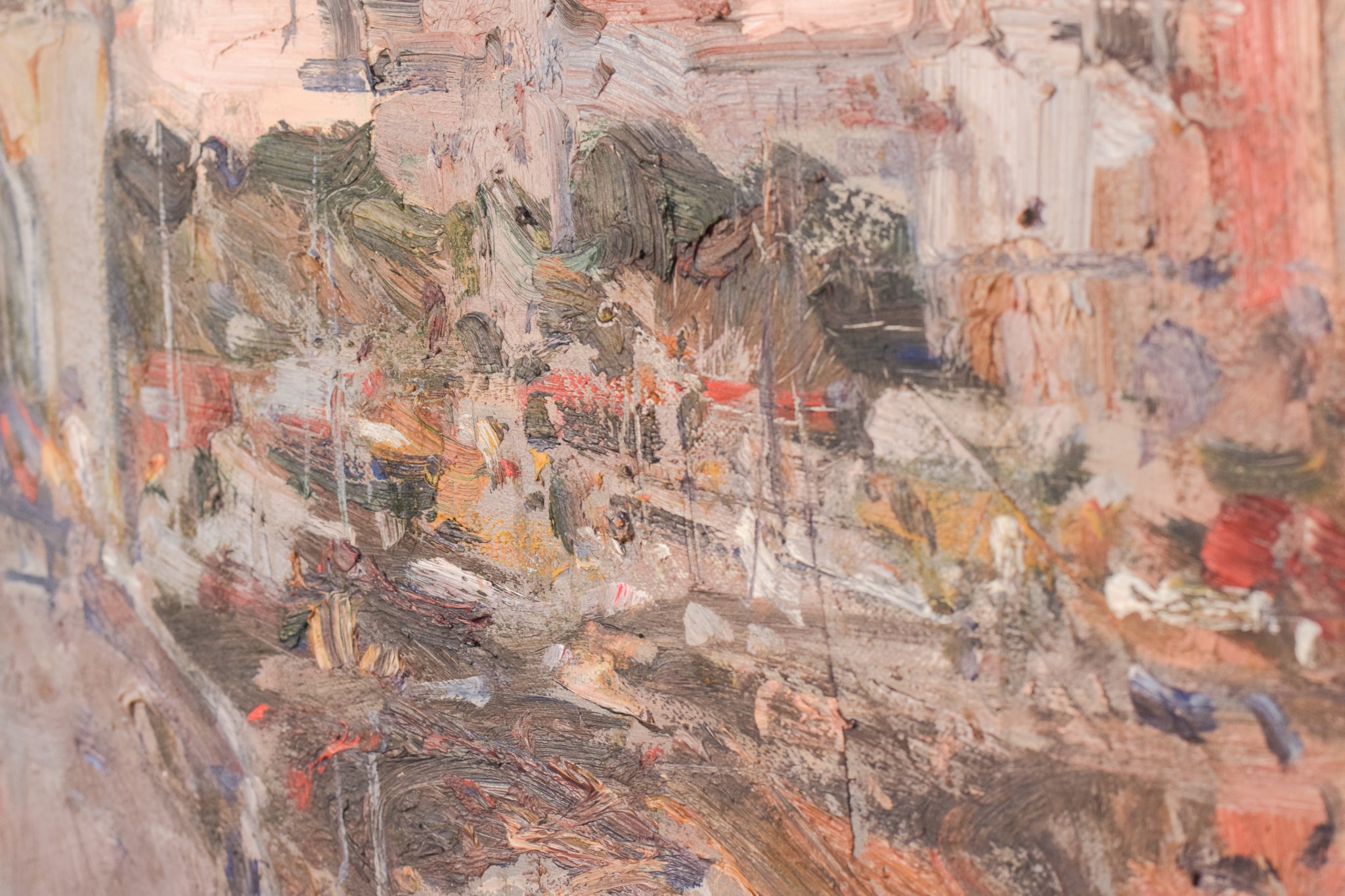 A painting of a city street with buildings in the background.