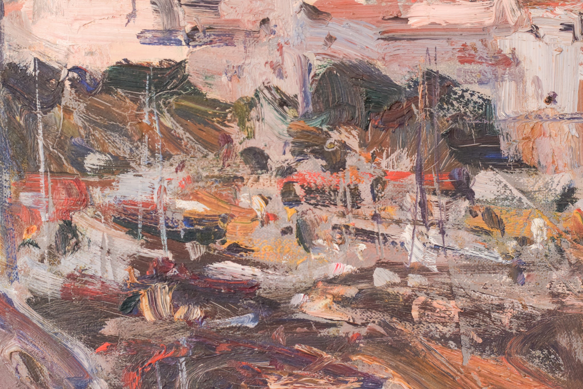 A painting of a city street with buildings in the background.