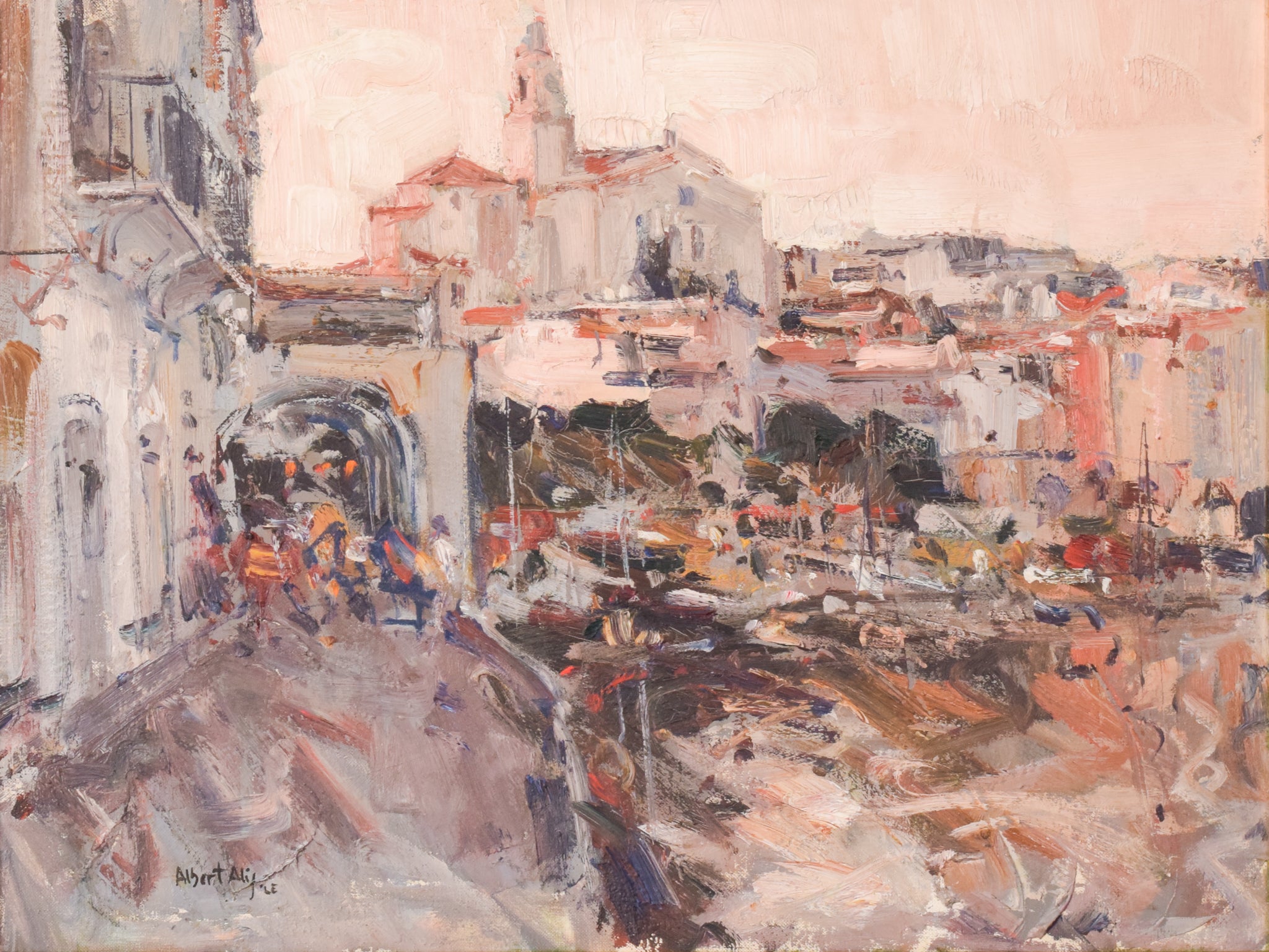 A painting of a city street with buildings in the background.