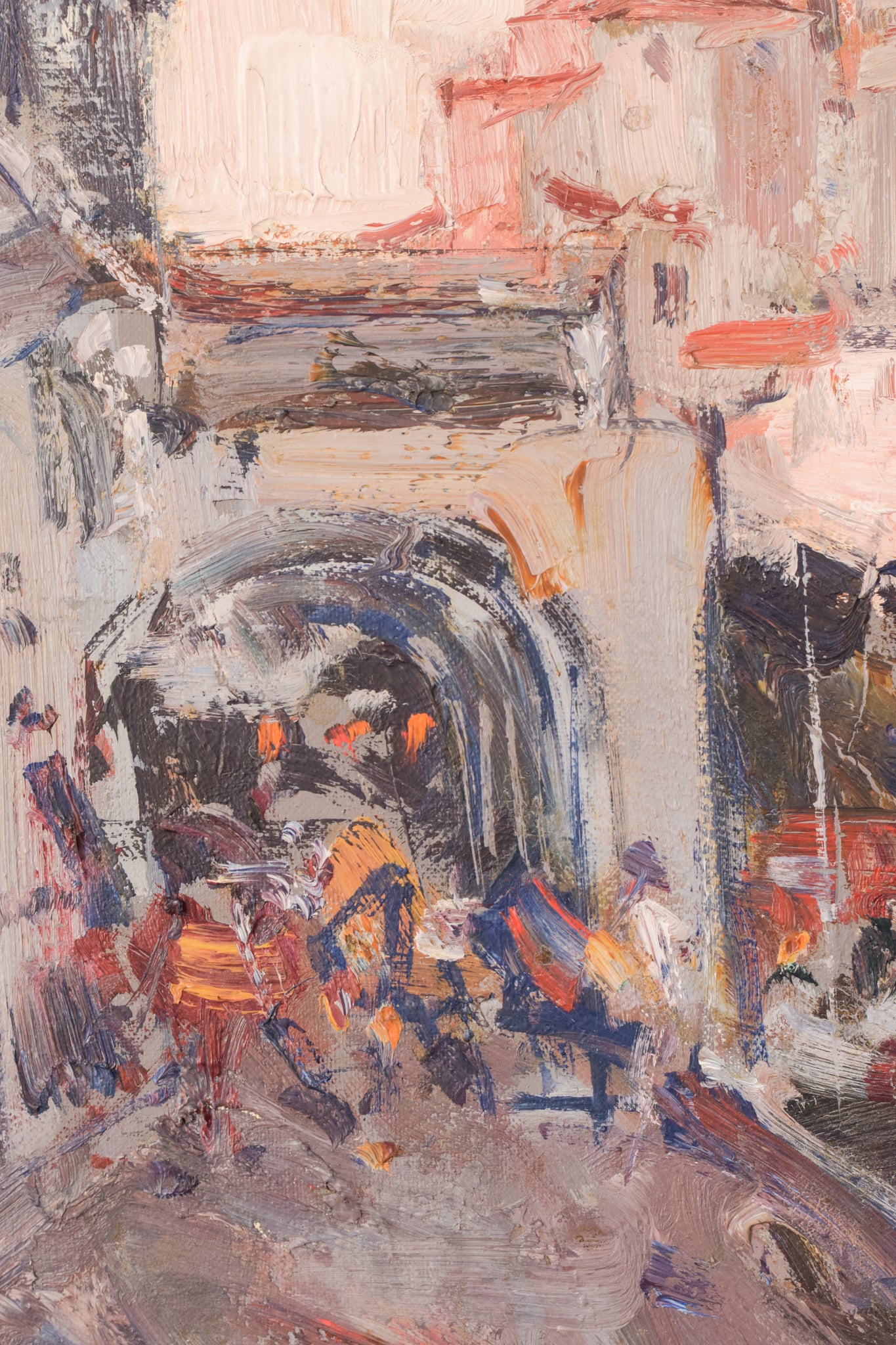 A painting of a city street with buildings in the background.