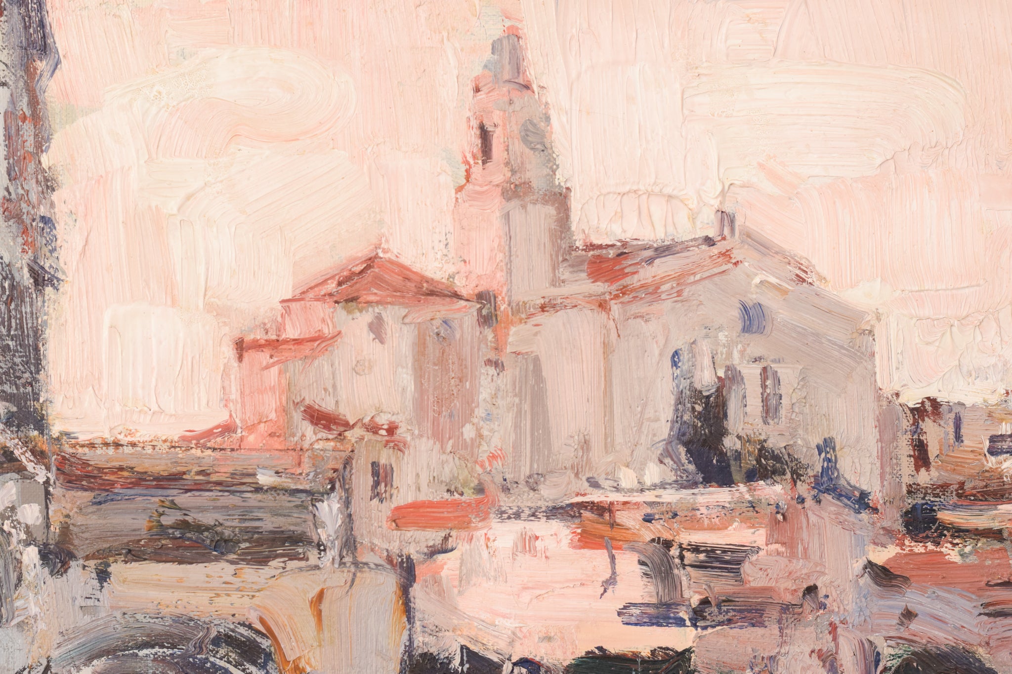 A painting of a city street with buildings in the background.