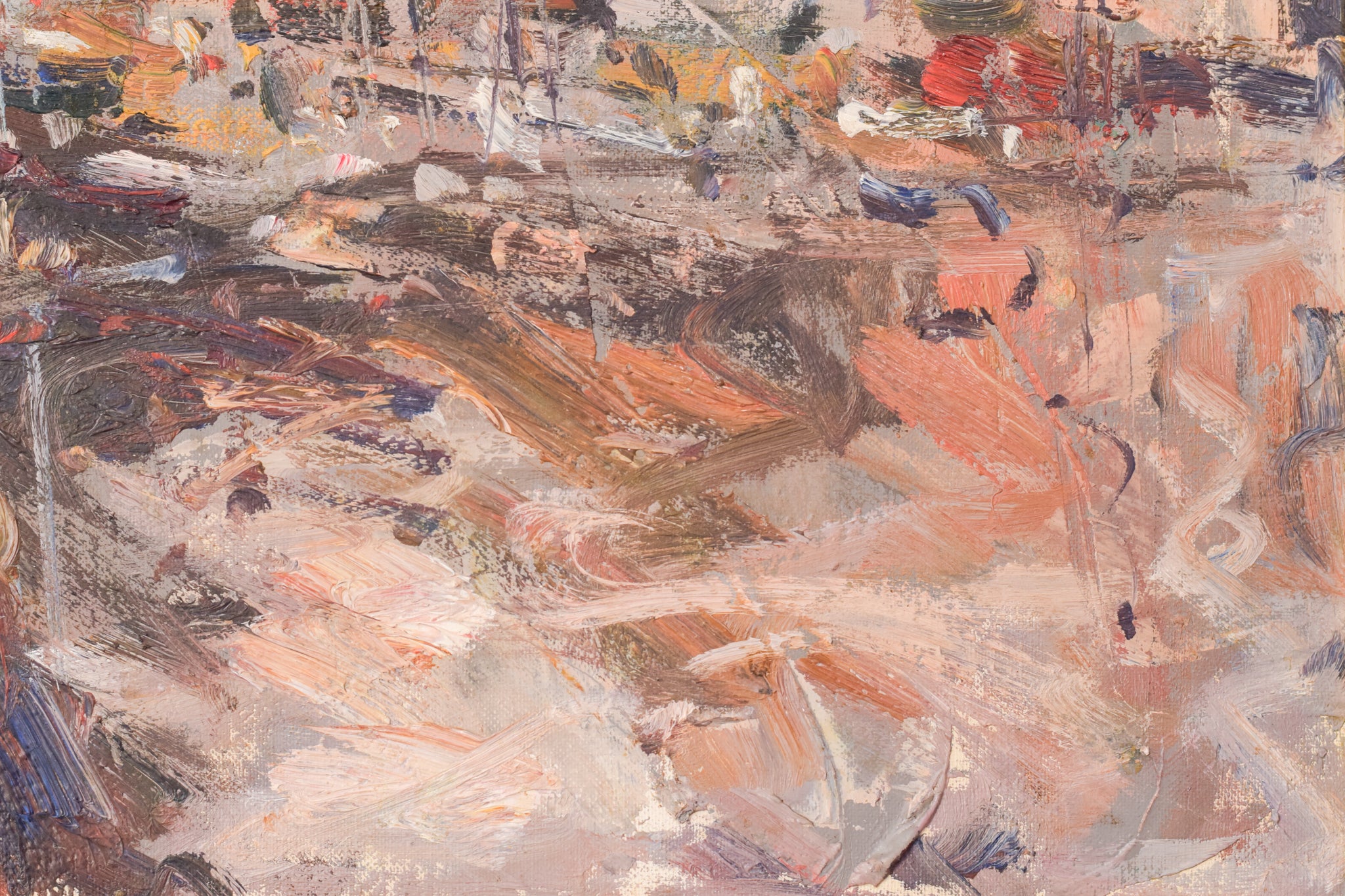 A painting of a city street with buildings in the background.