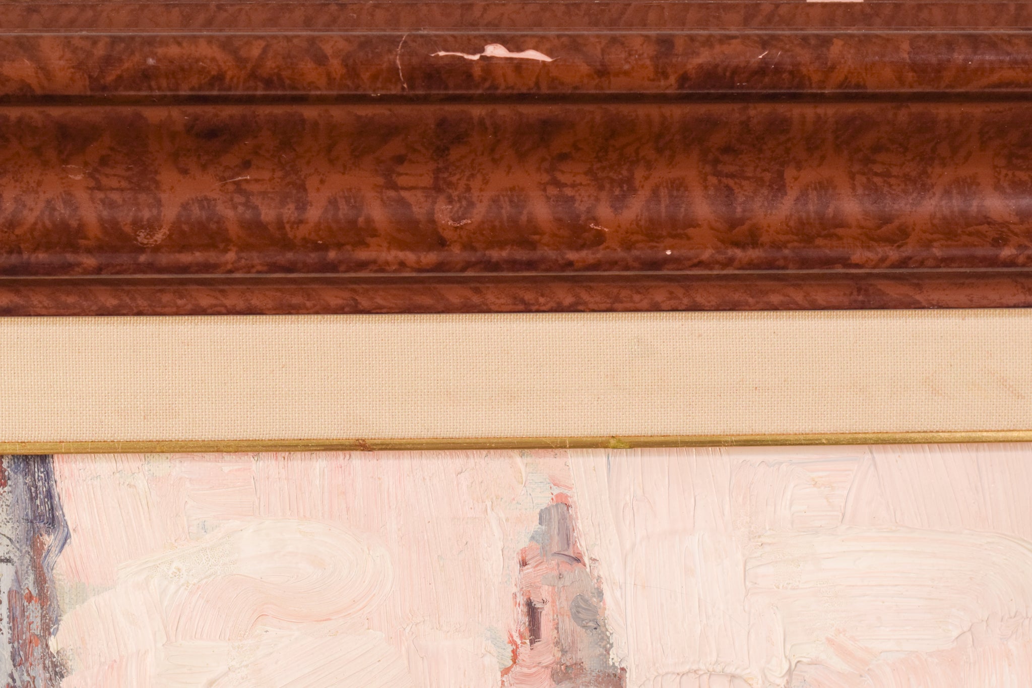 A painting of a city street with buildings in the background.