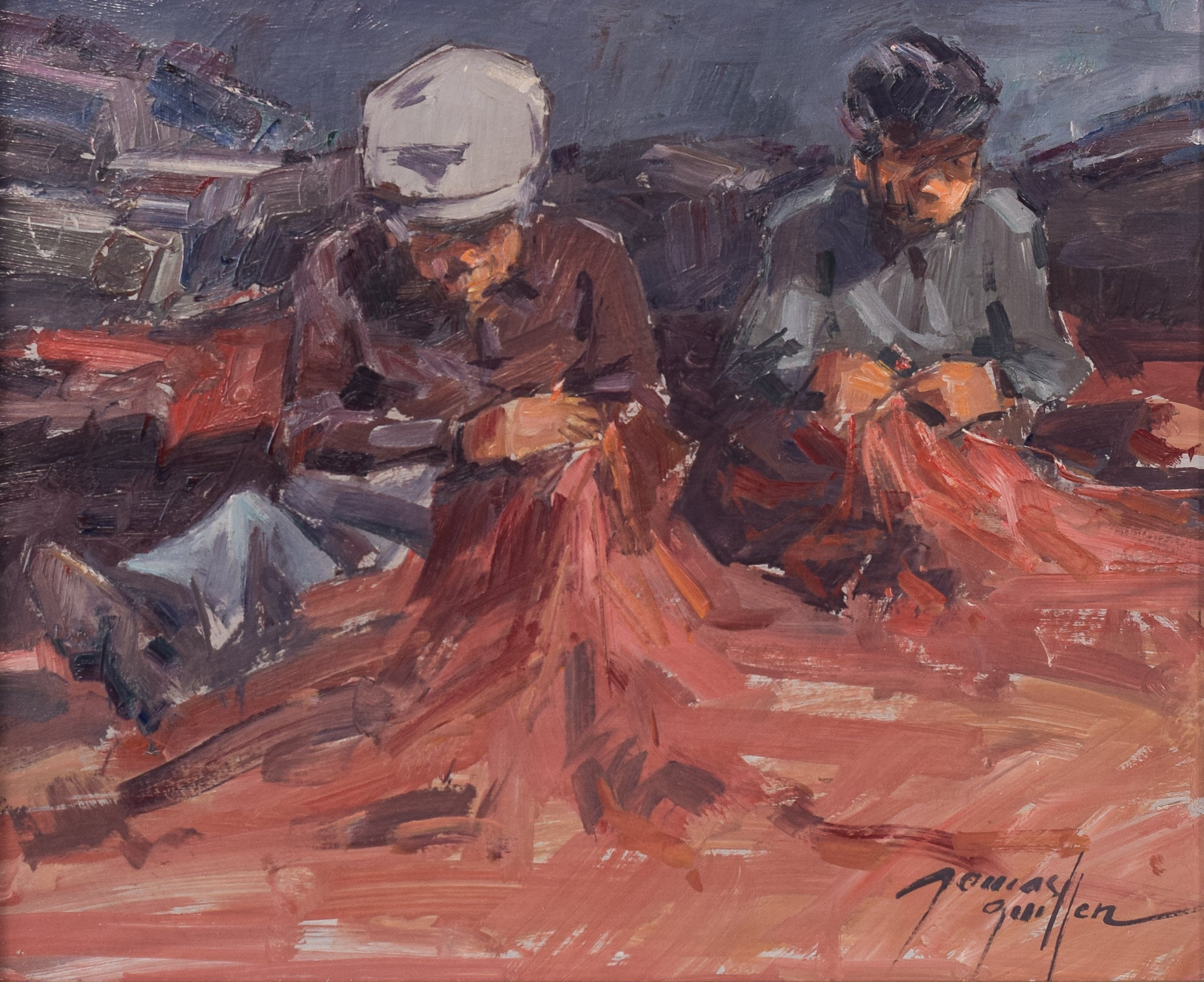Post Impressionist Study of Fishermen Repairing Nets