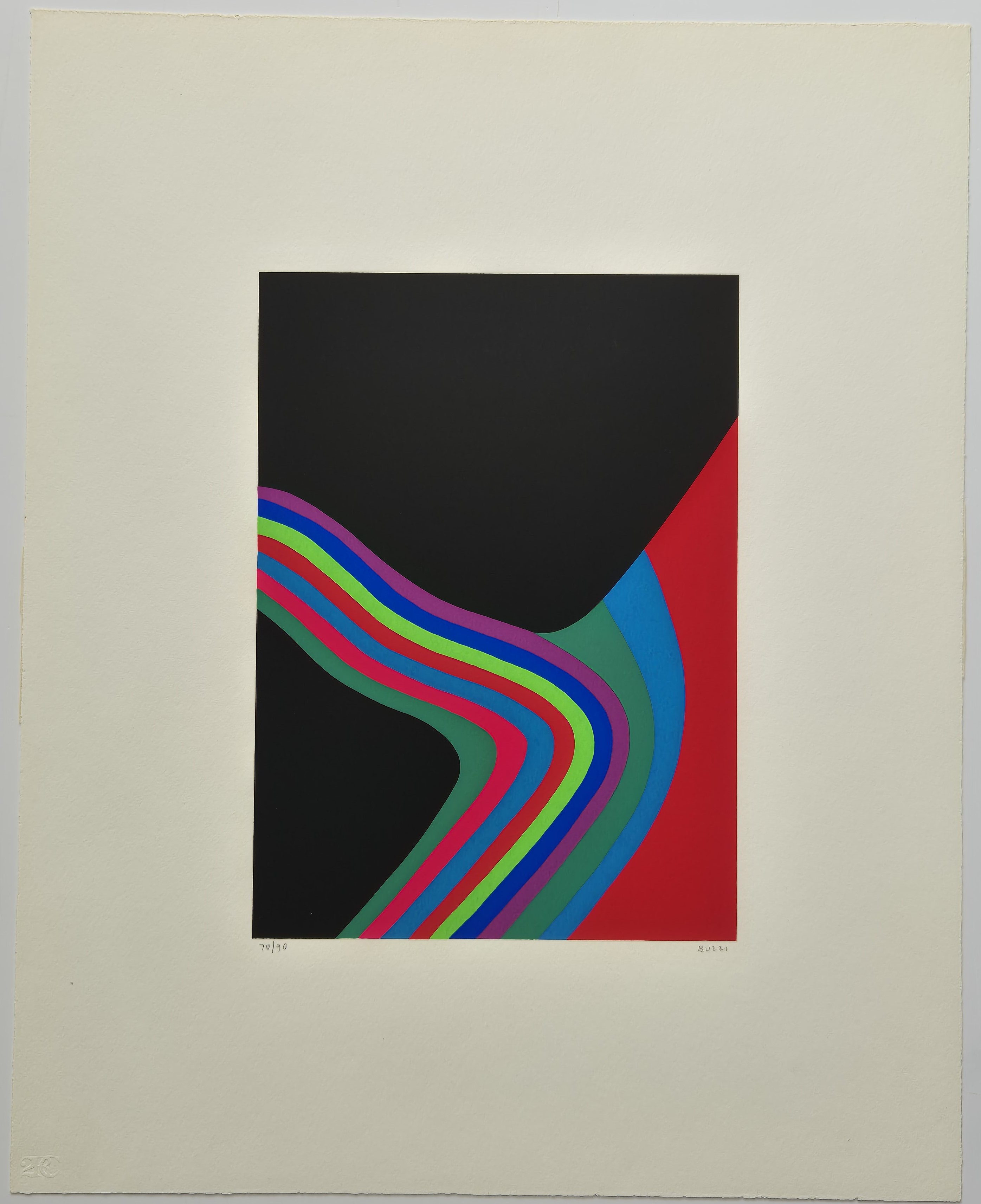 A graphic print featuring a black rectangle with a vibrant, wavy rainbow pattern against a red background.