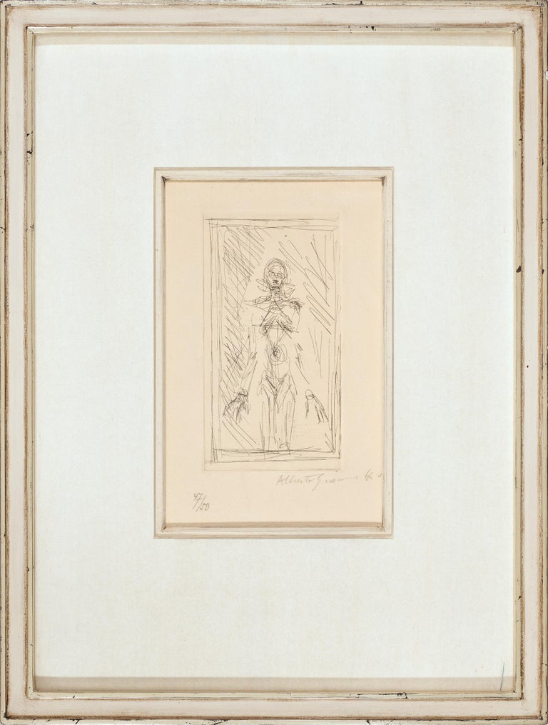 A drawing of a woman standing in front of a window.