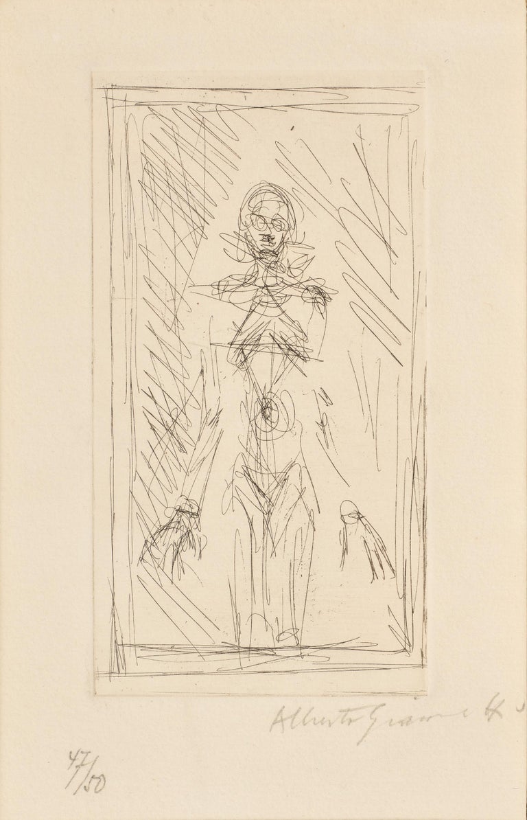 A drawing of a woman standing in front of a window.