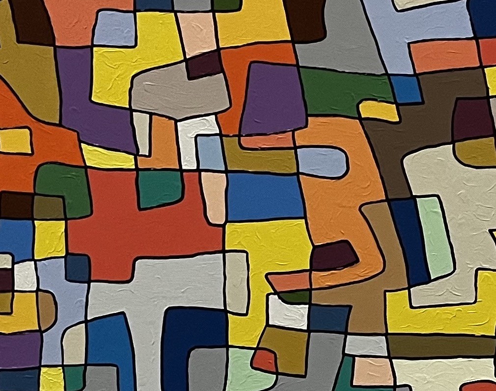 A painting on a white wall with a white background.