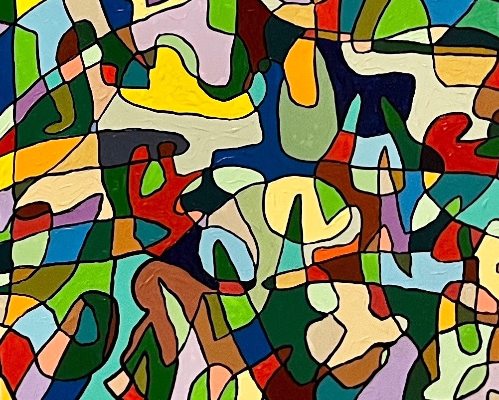 A colorful painting on a wall in a room.