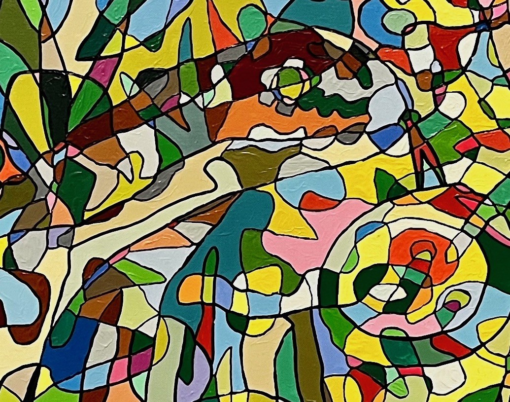 A colorful painting hanging on a wall in a room.
