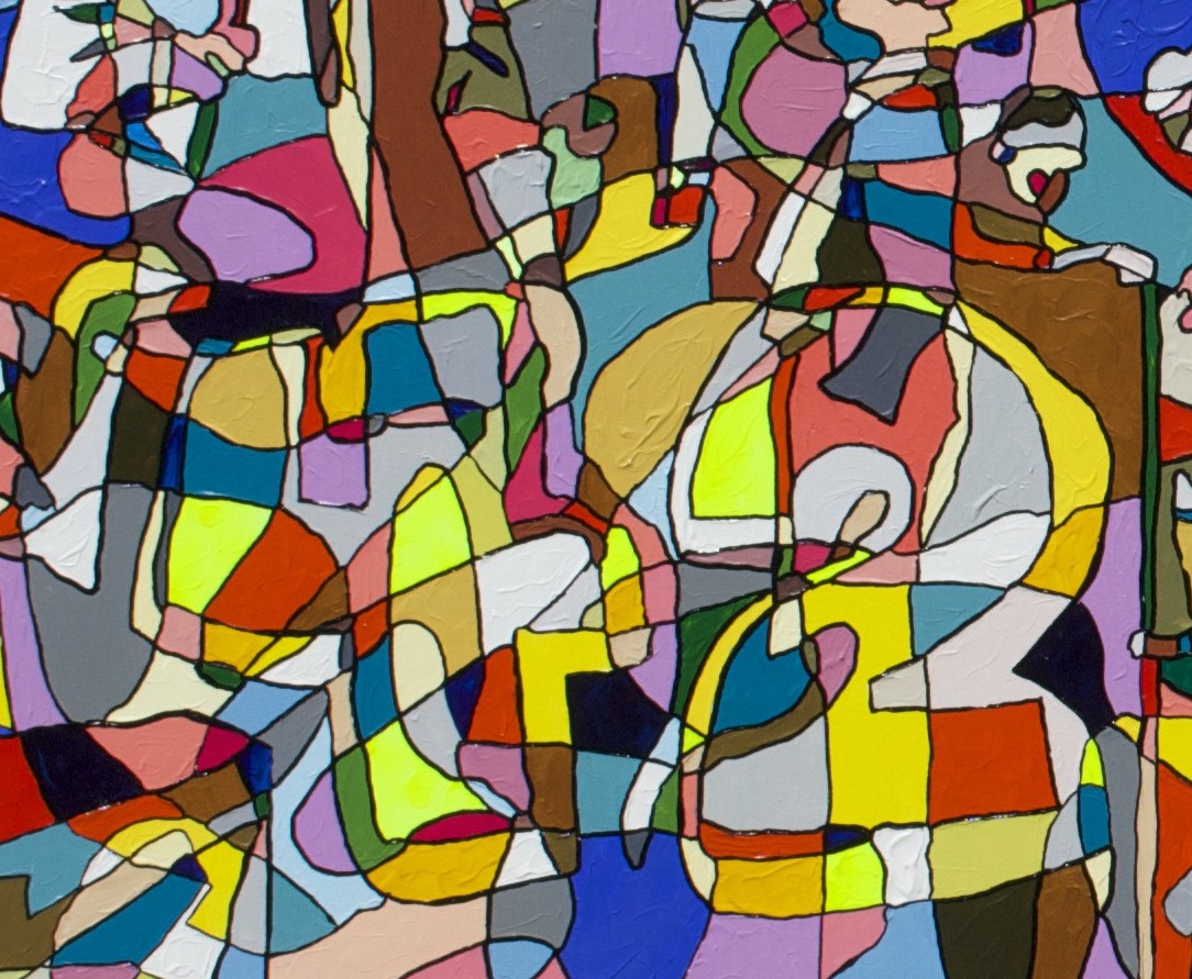 A colorful painting on a white wall in a room.