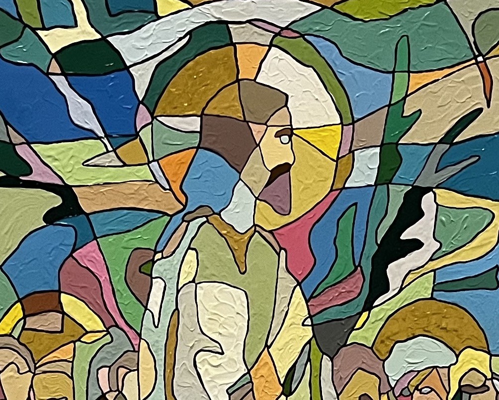 A painting on a wall in a room with a white wall.