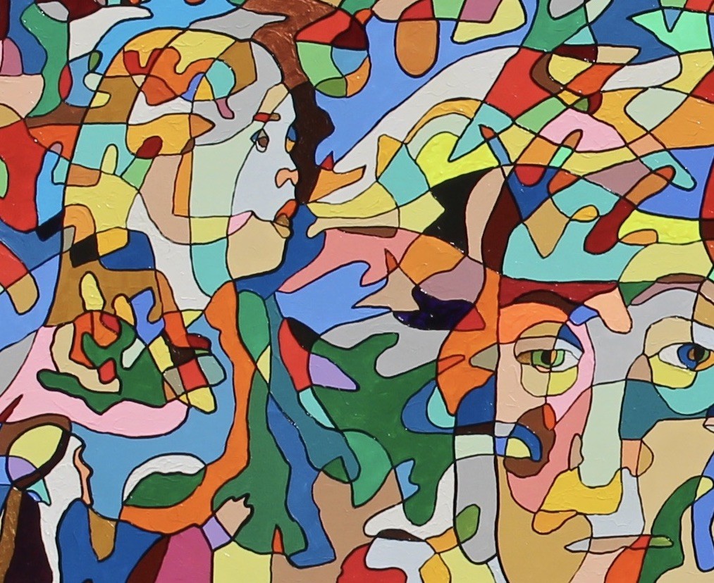 A colorful painting on a white wall in a room.