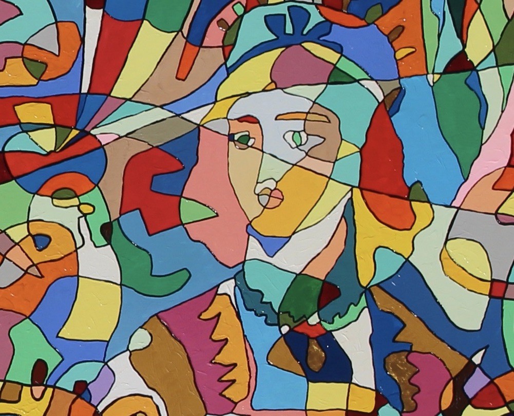 A colorful painting hanging on a wall in a room.