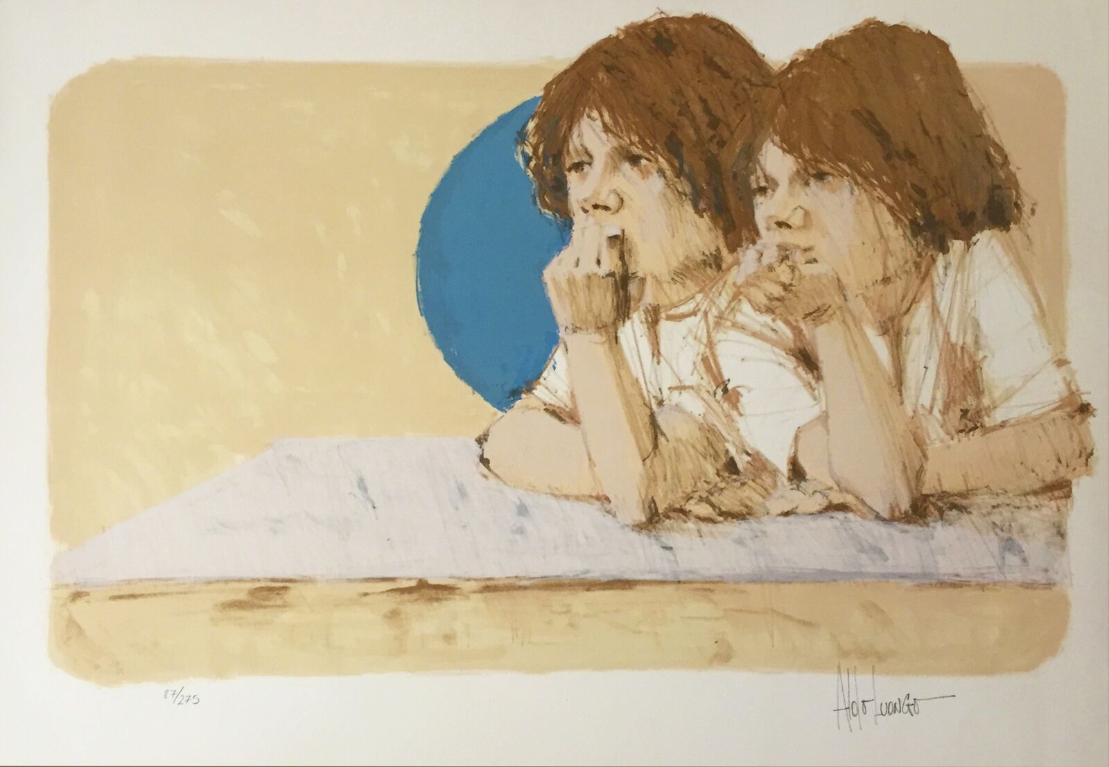 A drawing of two women sitting at a table.