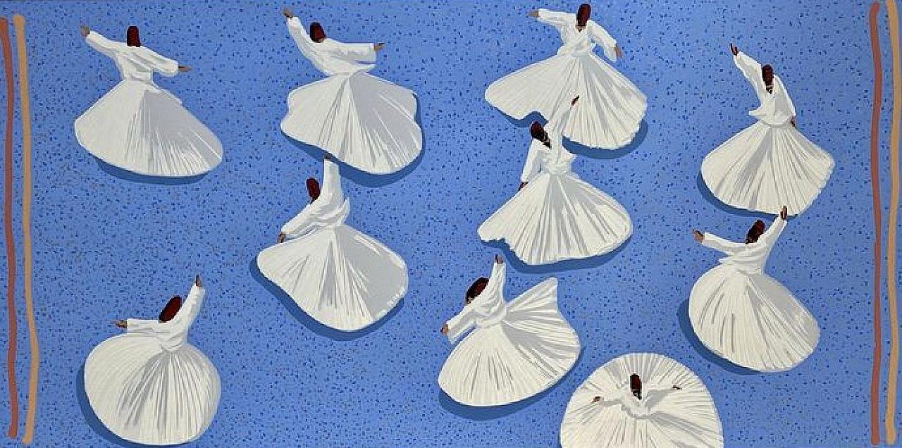 a painting of a group of people in white dresses