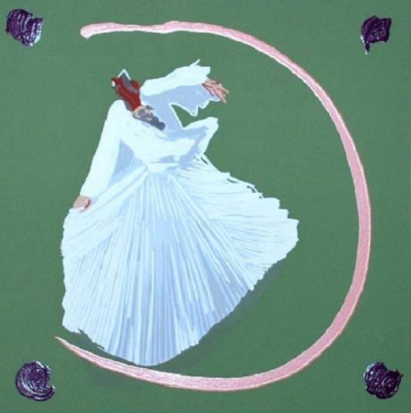 A painting of a woman in a white dress dancing in a circle.