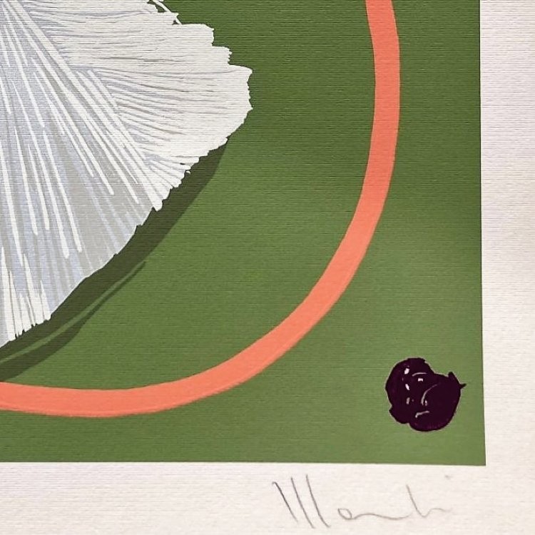 A stylized illustration of a figure in a voluminous white dress spinning within a green field, framed by a large pink circle.