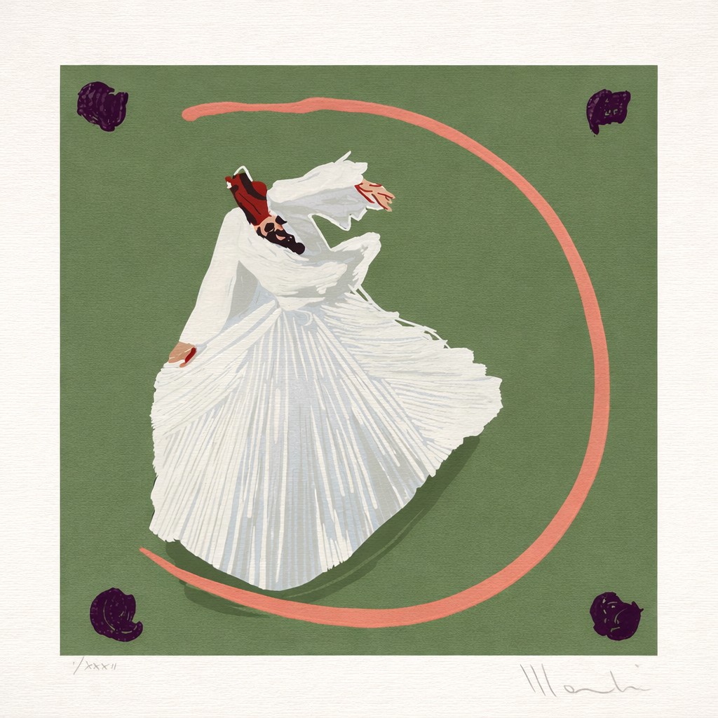 A stylized illustration of a figure in a voluminous white dress spinning within a green field, framed by a large pink circle.
